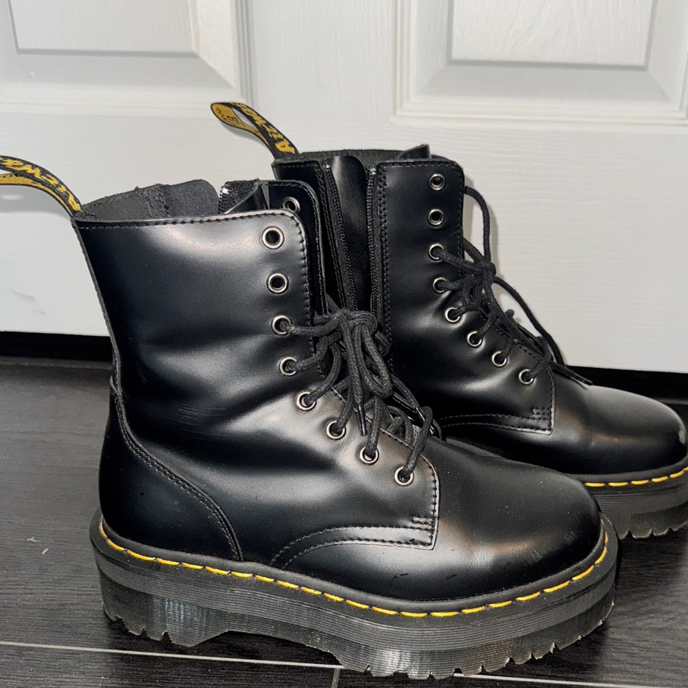 Dr. Martens Black Jadon Platform Lace-Up Boots with Yellow Welt - Picture 2 of 10